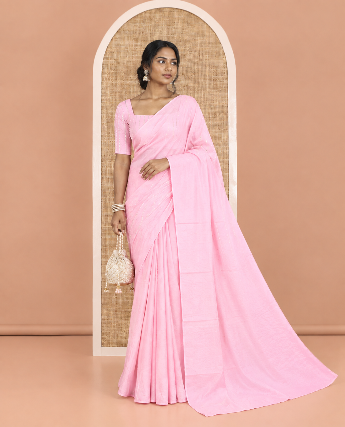 Borderless Baby Pink Plain Crushed Rangoli Chiffon Saree, Comes with a Matching Designer Blouse