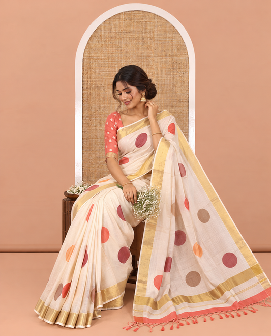 Cream Kerala Cotton Saree, Steeped with Multi-Color Polka Dots, a Zari Border, a Contrast Blouse