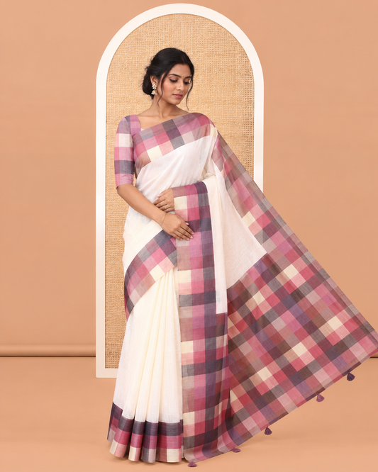Cream-Brown Plain Handloom Cotton Saree, a Contrast Checked Border, Checked Pallu, and a Contrast Blouse