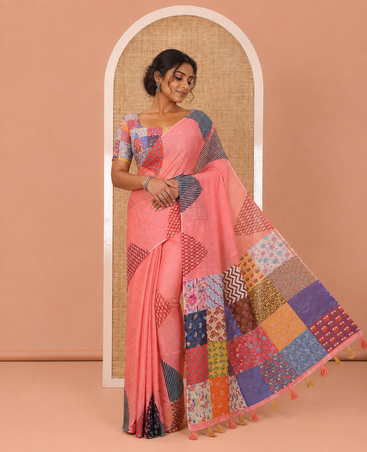 Peach Plain Linen Cotton Saree, Complemented by a Contrast-Colored Triangle on Its Border, Kaleidoscopic-Color Patchwork Pallu, and Paired with a Contrast Blouse