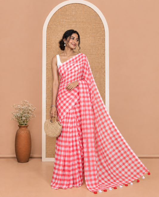 Borderless Red  Khadi Mul Cotton Saree, Adorned with Micro-Checks and No Blouse