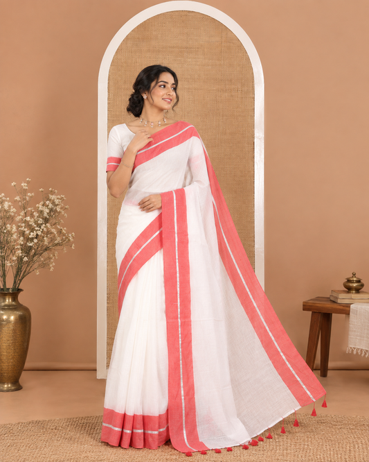 Cream and Red Plain Khadi Mul Cotton Saree, Complemented by Contrast Horizontal Striped Border, Plain Pallu, and Paired with a Matching Blouse
