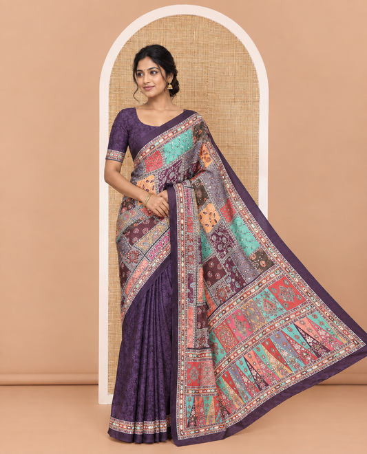 Purple kaleidoscopic-colored floral-theme printed with mirror work masakali saree, printed border, kaleidoscopic-colored printed pallu, and a matching blouse