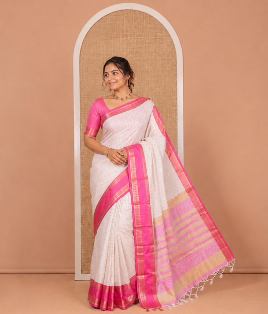 Cream-Rani Pink Checked Art Soft Silk Saree, Complemented by Contrast Traditional Retai Pettu Border, Striped Pallu, and a Contrast Blouse