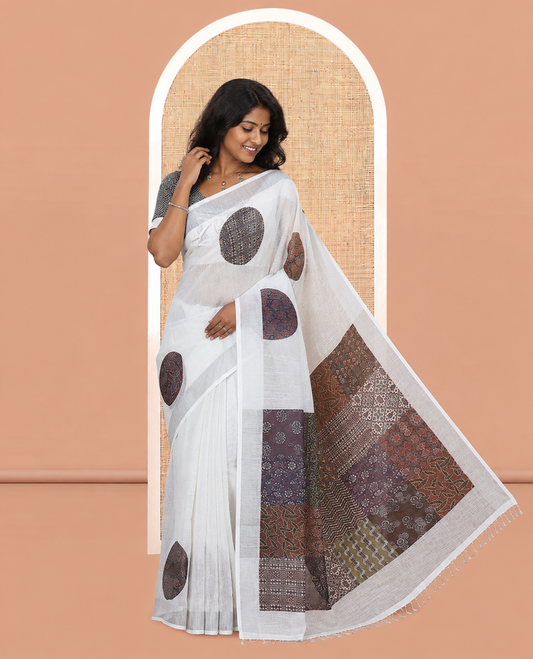 Cream Linen Cotton Saree, Elevated with Polka Dots Print, a Subtle Zari Border, Geometric Printed Pallu, and a Contrast Blouse