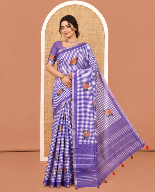 Lavender Linen Cotton Saree, Bedecked with Micro-Checks and Elephant Motifs on Its Body, Complemented by a Contrast Border, Striped Pallu, and Paired with a Contrast Elephant Motifs Printed Blouse