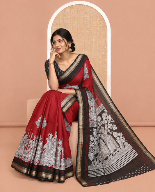 Maroon Chanderi Cotton Saree, Accentuated with Kalamkari Print, a Contrast Zari Border, Kalamkari Pallu, a Contrast Blouse