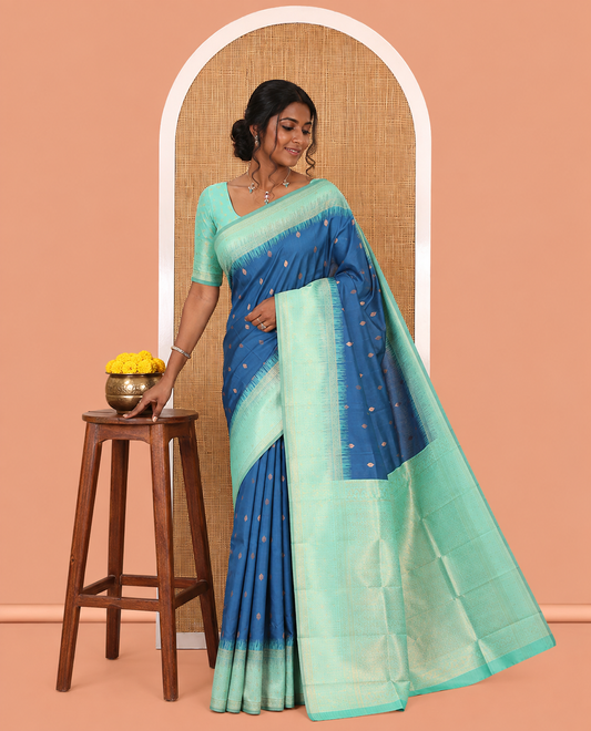 Blue Art Kanchi Silk Saree, Adorned with Buttas, a Contrast Traditional Zari Border, Intricate Pallu, and a Contrast Blouse