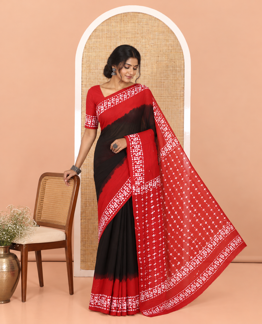 Black-Red Plain 60gm Georgette Saree, Contrast Batik Printed Border, Batik Printed Pallu, and a Matching Blouse