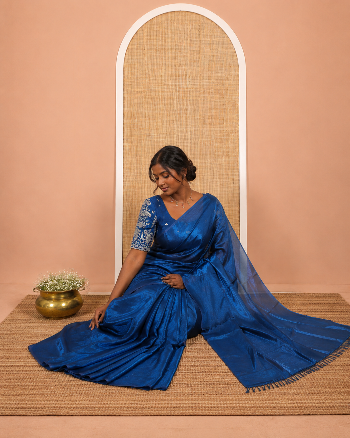 Borderless Blue Plain Fendi Chiffon Saree, a Self-Pallu, and a Matching Peacock Embroidered Blouse