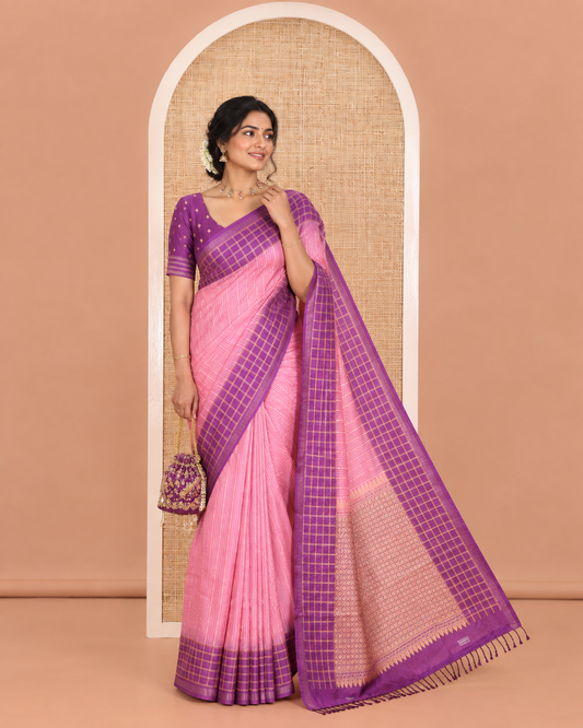 Light Pink Katan Silk Saree, Detailed with Vaira-Oosai-Style Stripes on Its Body, Complemented by a Contrast-Checked Border, Pallu of Jaal Designs, and Paired with a Contrast Blouse