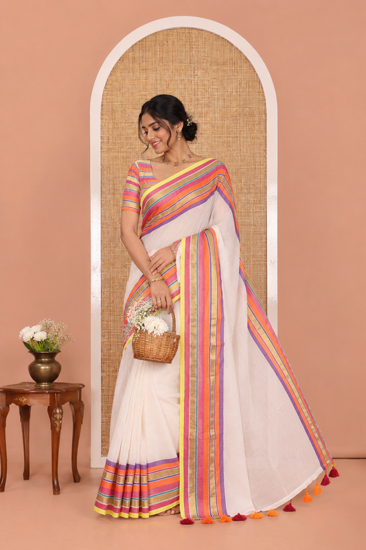 Violet-Cream Plain Khadi Mul Cotton Saree, a Contrast Multi-color Striped Border, a Self-Pallu, and No Blouse