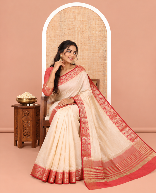 Cream-Rani Plain Art Tussar Saree