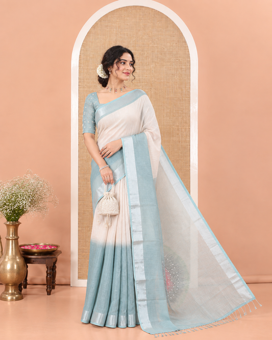 Pista Green Linen Cotton Saree, Adorned with Ombre-Style Double-Color Print, Highlighted by Contrast Zari Bavanji Border, Pallu Pictures Bandhani Design, and Paired with a Contrast Bandhani Blouse