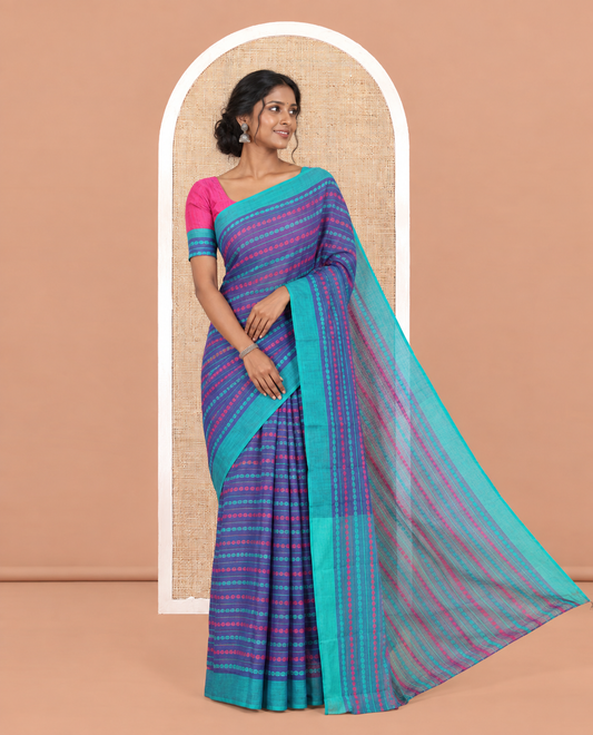 Royal Blue Chettinad Cotton Saree, Finely Crafted with Thread Buttas, a Contrast Border, Thread Pallu, and No Blouse