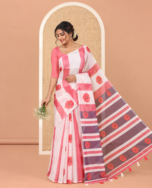 Borderless Pink Linen Cotton Saree