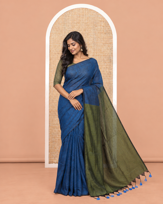 Borderless Blue  Plain Design Khadi Cotton Saree
