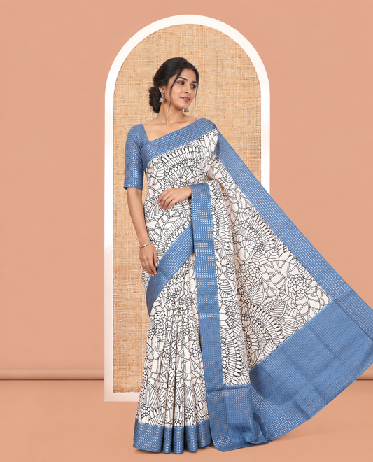 Cream-Steel Blue Dola Silk Saree, Adorned with Floral Print, a Contrast Checked Border, Pallu of Buttas, and a Contrast Blouse