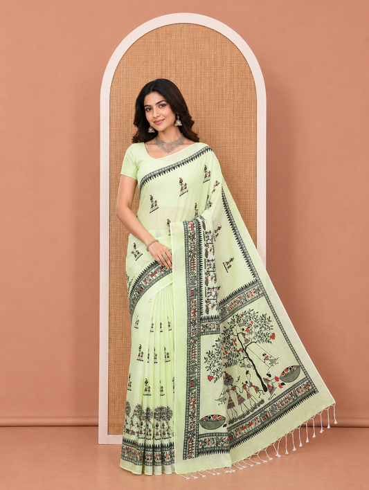 Pista Green Khadi Mul Cotton Saree, Artfully Printed with Warli Motifs All Over Its Body, Highlighted by a Self-Border of Warli Print, Pallu of Warli Print, and Paired with a Matching Blouse