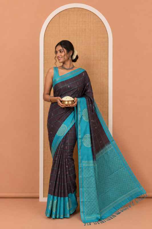 Black Katan Silk Saree, Accentuated with Butta Enclosed Checks on Its Body, Complemented by a Contrast Border of Tree Motifs, Jaal Pallu, and Paired with a Contrast Blouse