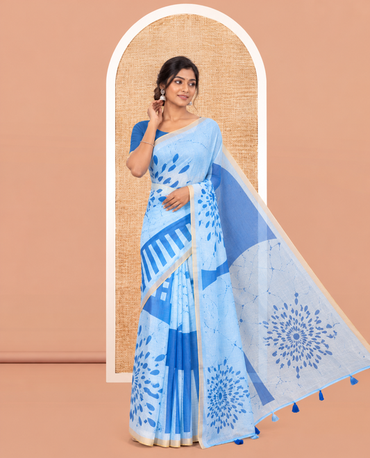 Borderless Blue Linen Cotton Saree, Geometric-Abstract Print and Contrast Blouse