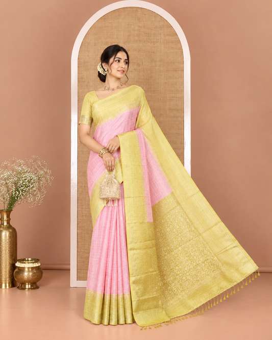 Pink Manipuri Silk Saree, Subtly Sparkled with a Checked Design on Its Body, Complemented by a Contrast Zari Checked Border, Pallu Pictures Floral Jaal Designs, and Paired with a Contrast Blouse