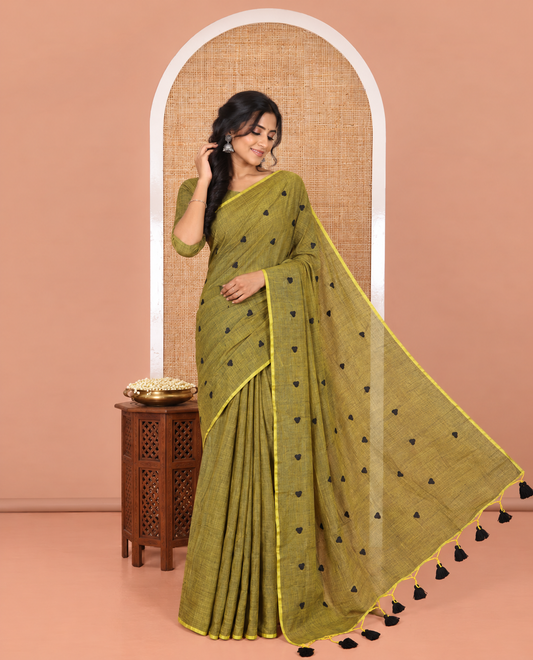 Borderless Mehandi Khadi Mul Cotton Saree, Delicately Woven with Heart Motifs Embroidered All Over Its Body, a Self-Pallu, and Matching Blouse