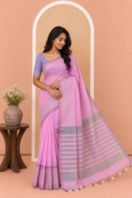 Pink Plain Khadi Cotton Saree, Contrast Satin Striped Border, Striped Pallu, and a Contrast Blouse