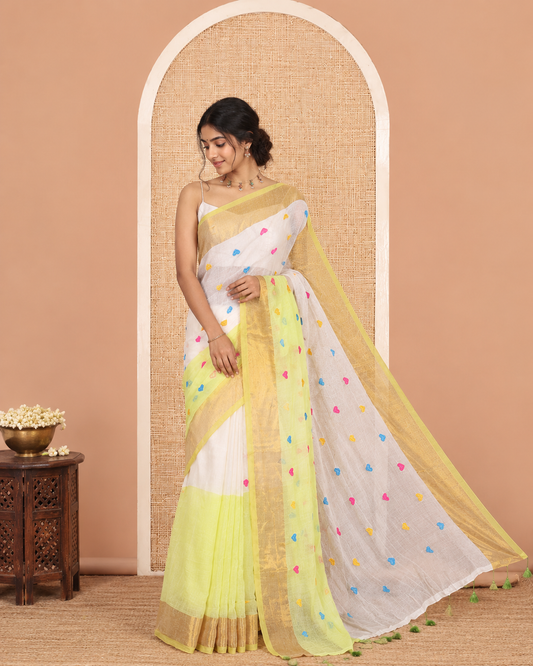 Cream-Lemon Yellow Half-And-Half Heart Motifs Embroidered Khadi Cotton Saree, Contrast Bavanji Border, No Blouse