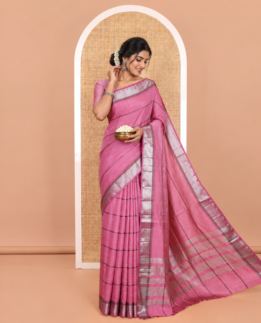 Lavender Semi-Tussar Saree Crafted with Zari Horizontal Stripes and Thread Floral Designs, Featuring a Subtly Woven Temple Zari Border, a Striped Pallu, and a Matching Blouse