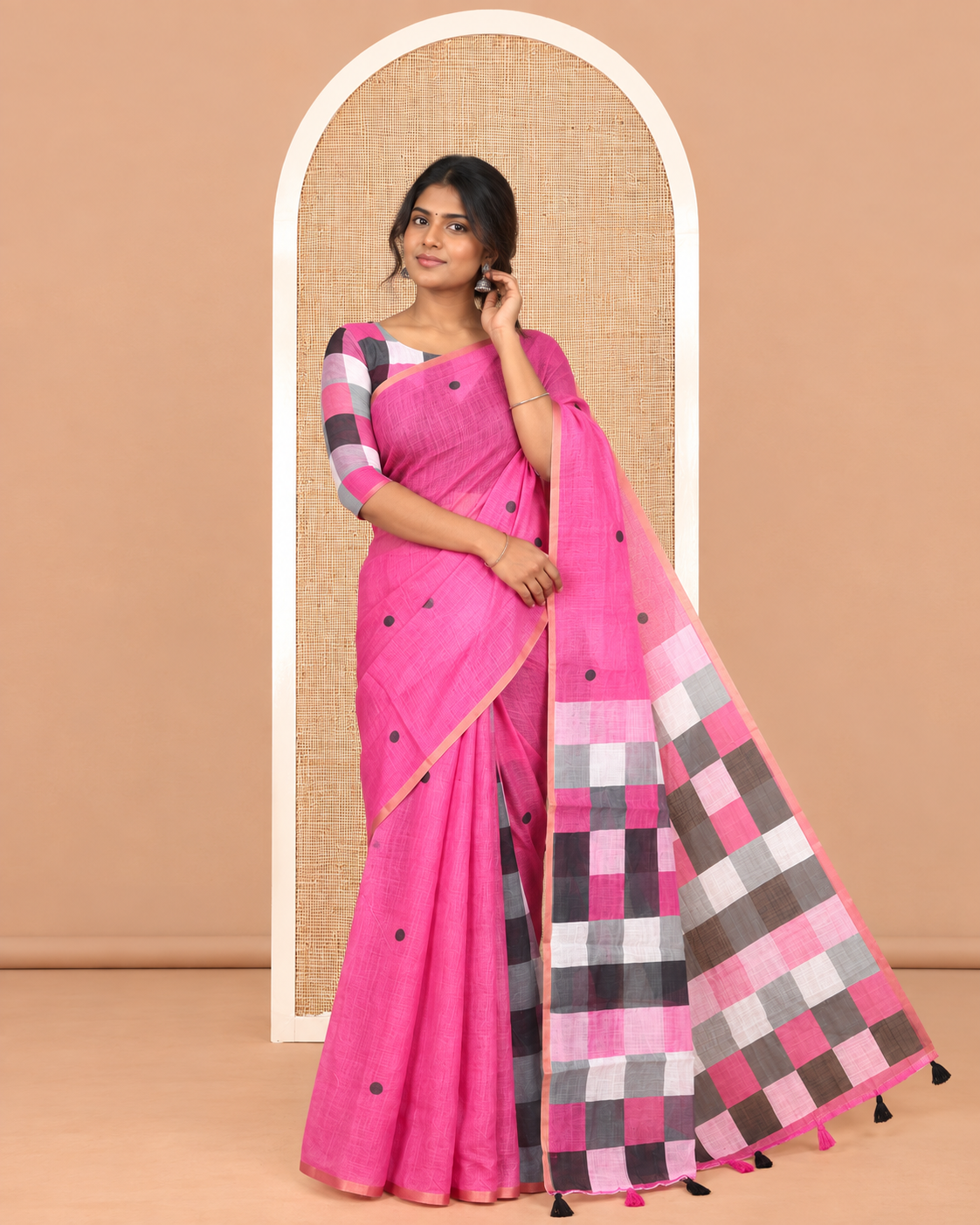 Borderless Rani Pink Linen Cotton Saree, Mesmerised with Polka Dots, a Contrast Checked Pallu, Contrast Blouse