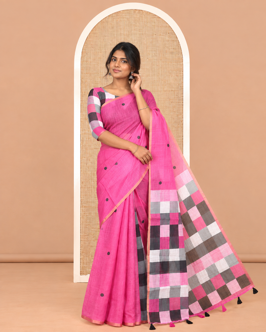 Borderless Rani Pink Linen Cotton Saree, Mesmerised with Polka Dots, a Contrast Checked Pallu, Contrast Blouse