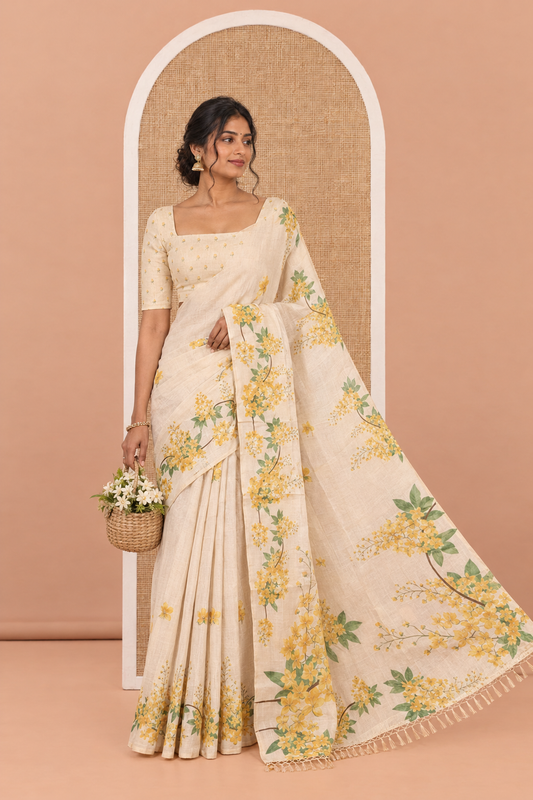 Borderless Gold Tissue Saree, Adorned with Floral Print, Floral Printed Pallu, and a Matching Blouse
