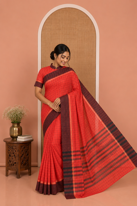 Red Checked Mercerised Cotton Saree, Contrast Temple Ara Maadam Border, Striped Pallu, and Matching Blouse