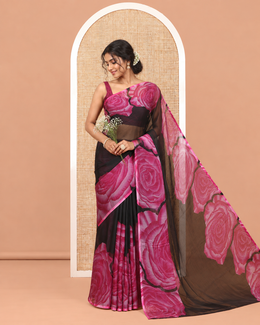 Black-Pink Plain Rangoli Chiffon Saree