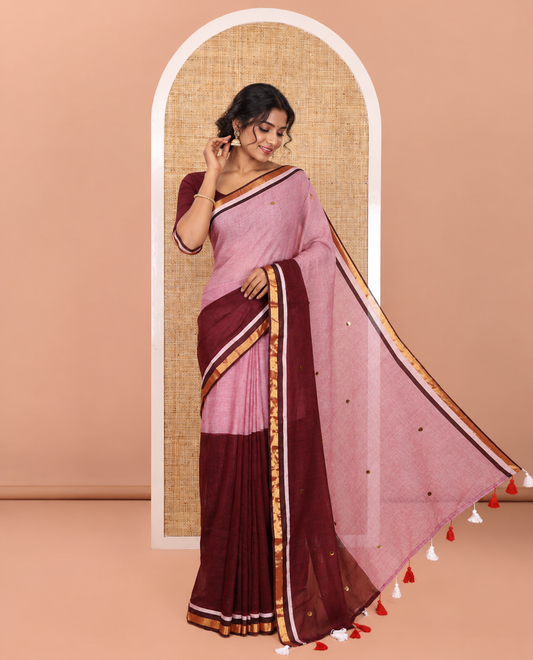 Light Pink and Maroon Khadi Mul Cotton Saree, Prettified with Double-Color Half-And-Half-Style Jamki Work, Complemented by Contrast Zari Border, and Paired with a Matching Blouse