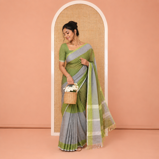 Grey-Mehendi Chettinad Cotton Saree Features Half-And-Half-Style Horizontal Stripes, a Contrast Border, and No Blouse