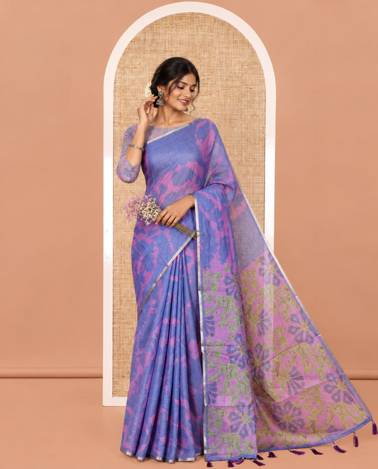 Blue Linen Cotton Saree, Bedecked with Shibori Printed on Its Body, Subtle Piping Border, Pallu Features Floral Print, and Paired with a Contrast Floral Printed Blouse