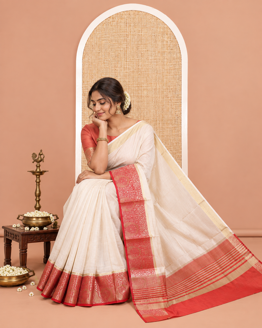 Cream-Red Plain Art Tussar Saree
