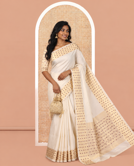Gold-Purple Plain Tissue Saree, Gold Polka-Dotted Border, Matching Blouse