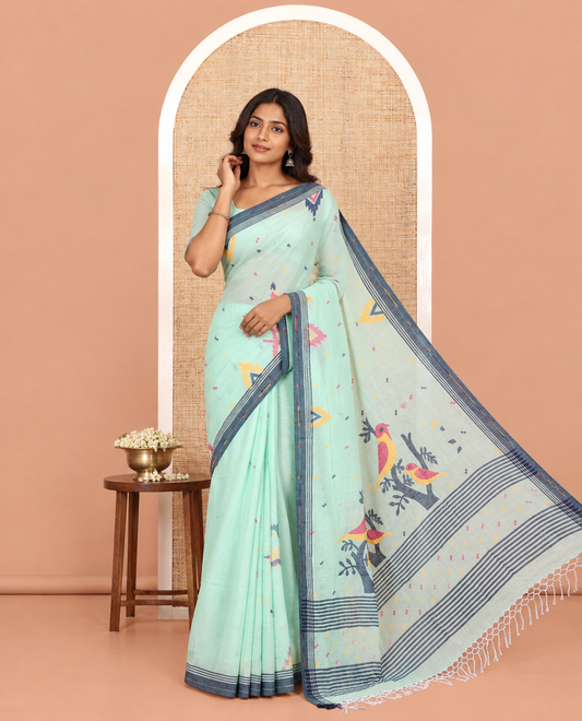 Sea Green Khadi Mul Cotton Saree Features Buttas, Contrast Temple Border, Jhamdani Floral-Bird Woven Pallu, and a Matching Blouse