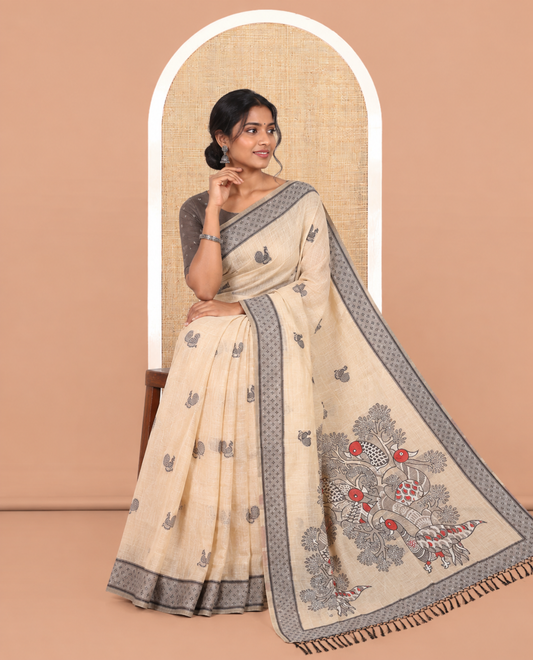 Cream Chanderi Cotton Saree, Woven with Peacock Thread Buttas, a Thread Diamond-Patterned Border, a Peacock Pallu, a Contrast Blouse