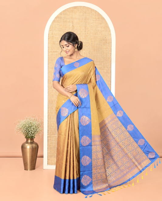 Brown Fancy Soft Silk Saree, Woven with Zari Buttas and Zari Stripes, Complemented by a Contrast Border of Zari Designs, Intricately Designed Pallu, and Paired with a Contrast Blouse