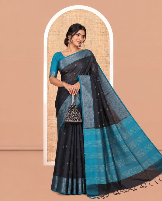 Black Semi-Raw Silk Saree Features Thread Buttas, Contrast Intricate Border, Striped Pallu, and a Contrast Blouse