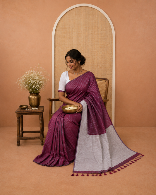 Borderless Purple Zari Striped Khadi Cotton Saree, Contrast Pallu, and No Blouse