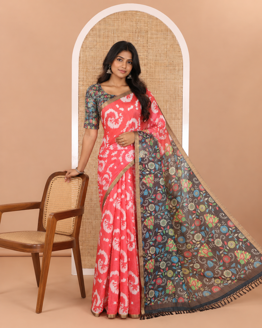 Borderless pink shibori printed linen cotton saree, contrast kaleidoscope colored kalamkari floral vine print, and a contrast printed blouse