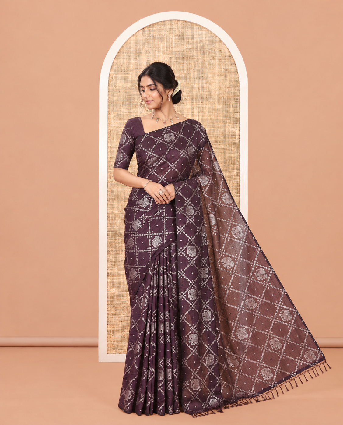 Borderless Brown Vichitra Silk Saree Features Elephant Butta Enclosed Jaal Design, a Self-Pallu, and No Blouse