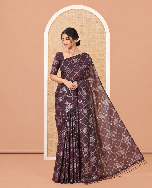Borderless Brown Vichitra Silk Saree Features Elephant Butta Enclosed Jaal Design, a Self-Pallu, and No Blouse