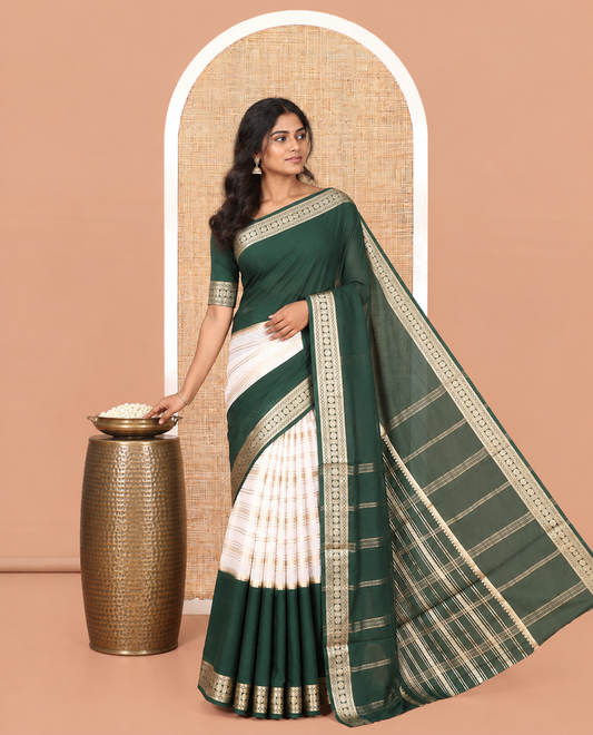 Green Zari Striped Art Mysore Crepe Saree, a Contrast Traditional Zari Big Border, a Grand Pallu, and a Contrast Blouse