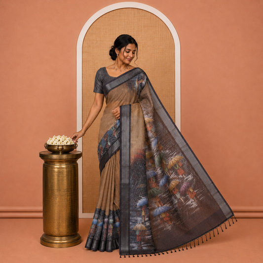 Mustard Rain-Themed Printed Linen Cotton Saree, Adorned with People with Umbrellas, a Zari Border, and Matching Blouse